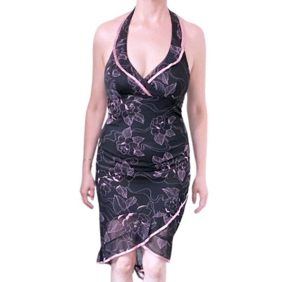Vintage 00s / Y2K Windsor Sweet Pink Contrasting Roses Black Hi-Low Dress - Picture 1 of 12